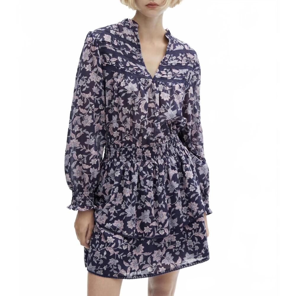 Mango Cotton Long Sleeve Floral Ruffled Dress Jimena Purple NWT Size 4/Small